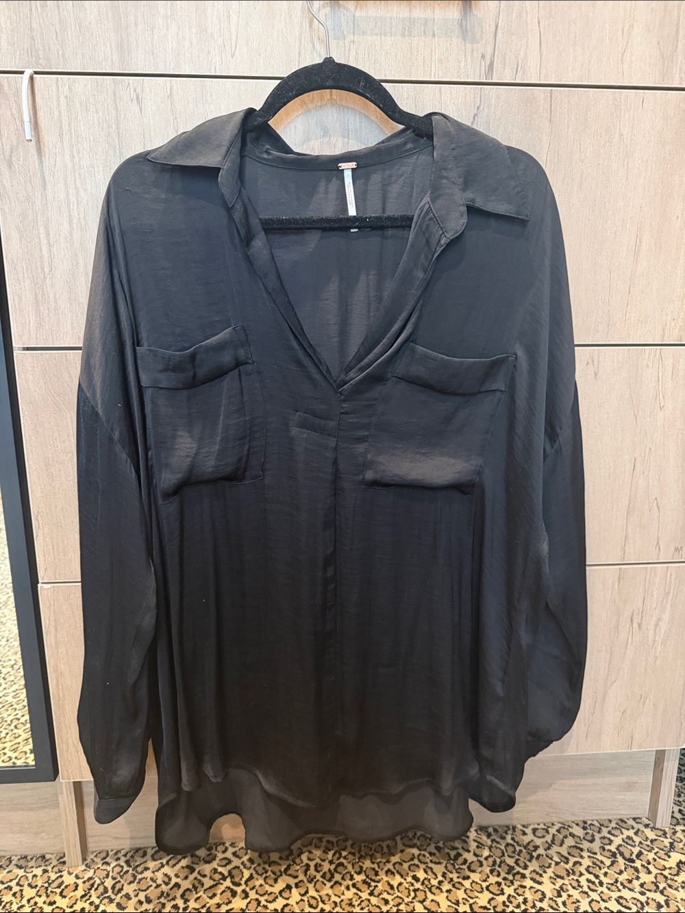 Black Silky V-Neck Pocket Blouse - Women's Top